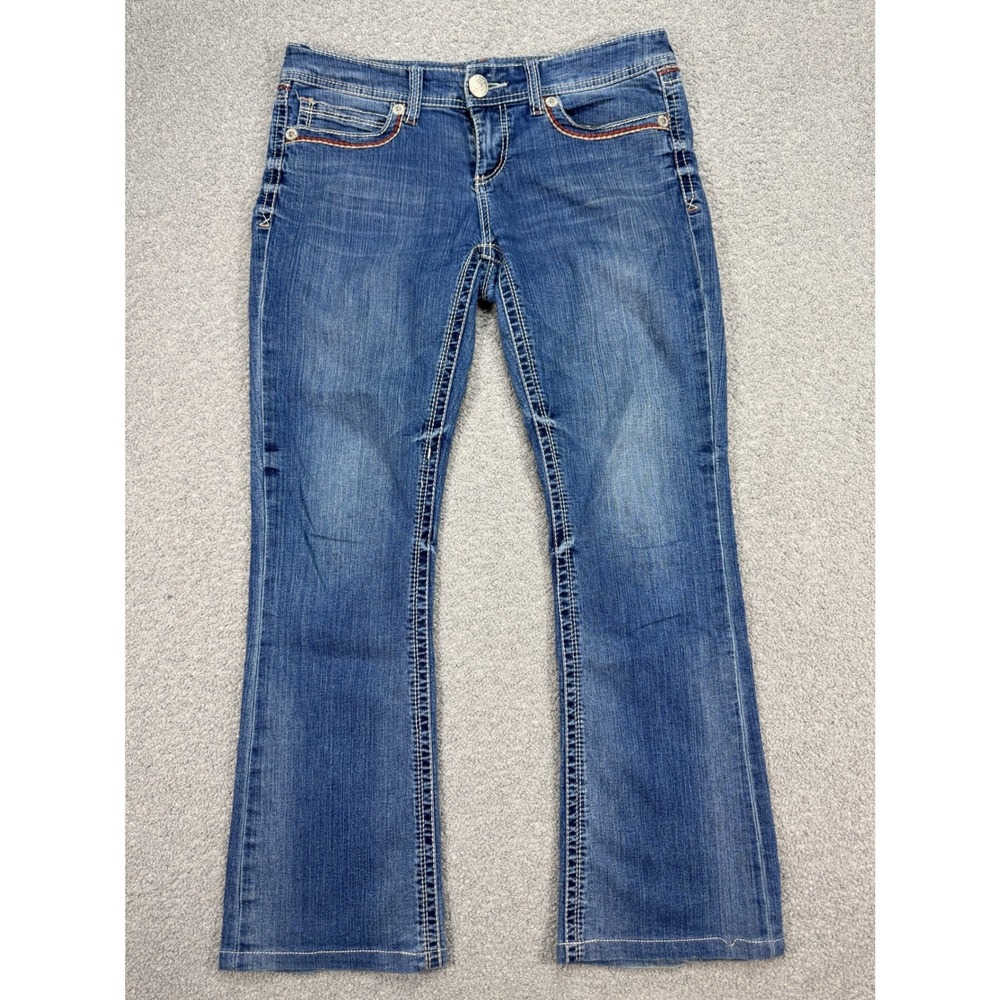 Seven7 Jeans Women's 29 Blue Dark Wash Bootcut Tapered Leg Embroidered Pockets